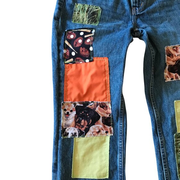 Children's Pants, Size 10 Husky: Upcycled Puppies Baseball Theme Patchwork Jeans - Picture 5 of 16
